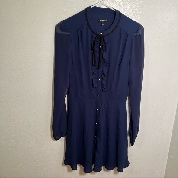 Express Button Front Dress Navy Blue Ruffle 2 - Picture 2 of 11